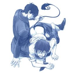 Rule 34 | 2boys, all fours, ao no exorcist, barefoot, blush, brother, brothers, butt crack, crying, fangs, glasses, incest, male focus, monochrome, multiple boys, necktie, okumura rin, okumura yukio, on lap, open mouth, pants around one leg, pointy ears, school uniform, siblings, simple background, sitting, tail, tears, topless male, twins, underwear, undressing, uniform, yaoi