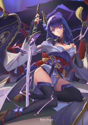 Rule 34 | 1girl, armor, black thighhighs, braid, breasts, bridal gauntlets, character name, cleavage, coattails, commentary request, electricity, floral print, flower, genshin impact, hair ornament, hand on own chest, highres, holding, holding sword, holding weapon, japanese clothes, kimono, large breasts, long hair, long sleeves, looking at viewer, mitsudomoe (shape), mole, mole under eye, nail polish, obi, obiage, obijime, open mouth, platform clogs, purple eyes, purple flower, purple hair, purple nails, purple thighhighs, raiden shogun, ribbon, sash, shoulder armor, sima naoteng, sitting, smile, solo, sword, tassel, thighhighs, tomoe (symbol), weapon, wide sleeves
