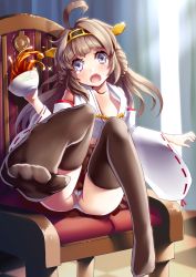 Rule 34 | 1girl, ahoge, black thighhighs, chair, collarbone, cup, detached sleeves, feet, female focus, hairband, headgear, highres, holding, holding cup, japanese clothes, kantai collection, knees up, kongou (kancolle), long hair, looking at viewer, mikoto (mio), nontraditional miko, on chair, open mouth, panties, pantyshot, sitting, skirt, solo, tears, thighhighs, underwear, white panties, white sleeves