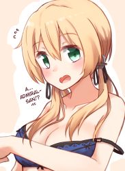Rule 34 | 10s, 1girl, bare arms, bare shoulders, blonde hair, blue bra, blush, bra, flying sweatdrops, green eyes, hair between eyes, hard-translated, highres, kantai collection, kapatarou, long hair, low twintails, open mouth, prinz eugen (kancolle), solo, third-party edit, translated, twintails, underwear