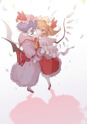 Rule 34 | 2girls, ascot, back bow, bat wings, blonde hair, blush, bow, closed mouth, collared shirt, commentary, commentary request, crystal, dancing, english commentary, fingernails, flandre scarlet, frilled shirt collar, frilled skirt, frills, full body, hair between eyes, hat, hat bow, highres, holding hands, interlocked fingers, laspberry., looking at another, mary janes, medium hair, mixed-language commentary, multiple girls, one side up, pink headwear, pink shirt, pink skirt, purple hair, red bow, red eyes, red footwear, red skirt, red vest, remilia scarlet, shirt, shoes, siblings, sisters, skirt, skirt set, socks, touhou, vest, white headwear, white socks, wings, yellow ascot