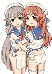 Rule 34 | 2girls, aqua eyes, blue sailor collar, blush, flower, fundoshi, gloves, grey hair, hair flaps, harukaze unipo, hat, highres, japanese clothes, kantai collection, long hair, looking at viewer, low twintails, mikura (kancolle), multiple girls, orange eyes, orange hair, panties, parted lips, sailor collar, short sleeves, simple background, thick eyebrows, thighhighs, twintails, underwear, very long hair, white background, white gloves, white headwear, white legwear, white panties, yashiro (kancolle)