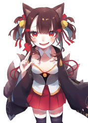 Rule 34 | 1girl, after suko, aged down, akagi-chan (azur lane), akagi (azur lane), animal ears, azur lane, bell, black kimono, blunt bangs, breasts, brown hair, brown thighhighs, cleavage, eyeliner, eyeshadow, fang, fox ears, fox girl, fox tail, hair bell, hair ornament, hakama, hakama short skirt, hakama skirt, highres, japanese clothes, kimono, kitsune, makeup, multiple tails, pleated skirt, red eyes, red skirt, skirt, small breasts, smile, solo, tail, thighhighs, twintails, wide sleeves
