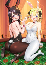 Rule 34 | 2girls, animal ears, ass, backless outfit, black bow, black bowtie, black footwear, black hair, black leotard, black pantyhose, blonde hair, blue eyes, bow, bowtie, detached collar, high heels, highres, hololive, horns, leotard, long hair, multiple girls, official alternate hair length, official alternate hairstyle, one eye closed, oozora subaru, pantyhose, playboy bunny, ponytail, purple eyes, rabbit ears, rabbit tail, red bow, red bowtie, roulette table, sheep ears, sheep girl, sheep horns, sitting, strapless, strapless leotard, swept bangs, table, tail, tsunomaki watame, tungsten (kwfr4544), virtual youtuber, wariza, white footwear, white leotard, white pantyhose, wrist cuffs