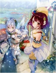 Rule 34 | 2girls, absurdres, atelier (series), atelier sophie, bare shoulders, bird, blush, breasts, brown eyes, brown hair, gloves, green eyes, hair ornament, hat, highres, huge filesize, jewelry, lake, long hair, looking at viewer, medium breasts, multiple girls, necklace, noco (adamas), official art, open mouth, plachta, short hair, silver hair, skirt, smile, sophie neuenmuller, thighhighs, town