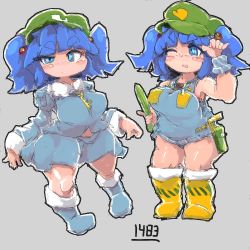 Rule 34 | &gt;:o, &gt;;o, 1girl, :o, alternate costume, backpack, bad id, bad twitter id, bag, bare arms, bergehetzer, blue eyes, blue footwear, blue hair, blush stickers, boots, breasts, cabbie hat, covered navel, cucumber, freckles, hair bobbles, hair ornament, hat, heart, holster, kawashiro nitori, key, looking at viewer, medium breasts, multiple views, one-piece swimsuit, plump, pocket, short hair, sitting, skirt, swimsuit, thick eyebrows, touhou, two side up, v-shaped eyebrows, wide hips, yellow footwear
