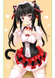 Rule 34 | 1girl, alternate costume, animal ears, bell, black hair, blunt bangs, border, breasts, cat ears, cat girl, cat tail, collarbone, detached collar, enmaided, hair ribbon, heart, highres, kemonomimi mode, layered skirt, long hair, maid, miniskirt, open mouth, pleated skirt, r-binon, red eyes, red ribbon, red skirt, ribbon, senki zesshou symphogear, short sleeves, sitting, skirt, small breasts, solo, tail, thighhighs, tsukuyomi shirabe, twintails, very long hair, white border, white thighhighs, wrist cuffs, zettai ryouiki