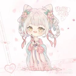 Rule 34 | 1girl, bad tag, blush, braid, brown eyes, cherry blossoms, chibi, chinese clothes, dress, flower, full body, grey hair, hair flower, hair ornament, hair rings, hanfu, holding, long sleeves, looking at viewer, open mouth, ornament, petals, pink flower, qixiong ruqun, ribbon, ruqun, shawl branch, shuangyaji, smile, solo, white hair, yellow eyes