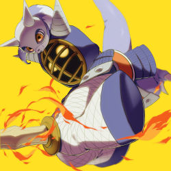 Rule 34 | caprimon, digimon, digimon (creature), highres, kotemon, mask, sword, tail, weapon, wooden sword, yellow eyes