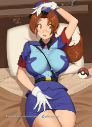 Rule 34 | 1girl, arm up, bare legs, barleyshake, bdsm, bed, bed sheet, blue hat, blue skirt, blush, bondage, bound, breasts, brown hair, cosplay, cowboy shot, creatures (company), cuffs, delia ketchum, eyebrows hidden by hair, eyes visible through hair, game freak, gloves, hat, highres, jenny (pokemon), jenny (pokemon) (cosplay), large breasts, long hair, looking at viewer, lying, miniskirt, neck, nintendo, on back, open mouth, orange eyes, parted bangs, pencil skirt, pillow, poke ball, poke ball (basic), pokemon, pokemon (anime), pokemon (classic anime), police, police uniform, policewoman, ponytail, short sleeves, sitting, skirt, smile, solo, thick thighs, thighs, uniform, white gloves
