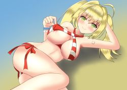 Rule 34 | &gt;:), 1girl, ahoge, arm behind head, bangle, bikini, blush, bracelet, breasts, closed mouth, commentary request, criss-cross halter, fate/grand order, fate (series), fume, green eyes, hair between eyes, hair intakes, halterneck, jewelry, large breasts, long hair, looking at viewer, lying, multicolored background, nero claudius (fate), nero claudius (fate) (all), nero claudius (swimsuit caster) (fate), on side, solo, striped bikini, striped clothes, swimsuit, tomohiro (duo), twintails, v-shaped eyebrows