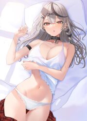 Rule 34 | 1girl, black hair, braid, breasts, camisole, cleavage, collar, grey hair, hair ornament, hairclip, highres, hololive, large breasts, long hair, lying, midriff, mishimahachi, multicolored hair, nail polish, navel, on back, on bed, panties, pillow, red eyes, red nails, sakamata chloe, side braid, skirt, unworn skirt, solo, streaked hair, sweat, underwear, virtual youtuber, white camisole, white panties, x hair ornament