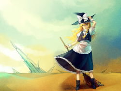 Rule 34 | 1girl, bad id, bad pixiv id, blonde hair, bow, braid, broom, female focus, full body, hat, highres, holding, holding broom, kirisame marisa, littleb, long hair, outdoors, pale skin, sand, sky, solo, standing, touhou, witch hat, yellow eyes