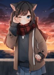 Rule 34 | 1girl, animal ears, backpack, bag, black sweater, blue eyes, blue ribbon, blue skirt, blush, brown hair, brown jacket, cat ears, closed mouth, commentary request, cowboy shot, hair ornament, hair ribbon, hairclip, heripiro, highres, jacket, long hair, long sleeves, looking at viewer, miniskirt, one eye closed, open clothes, open jacket, original, outdoors, plaid, plaid scarf, pleated skirt, red scarf, ribbon, rubbing eyes, scarf, skirt, sky, solo, standing, sweater, two side up