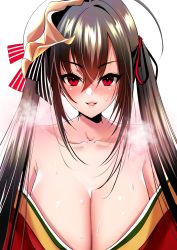 Rule 34 | 1girl, absurdres, ahoge, azur lane, bare shoulders, black hair, blush, breasts, cleavage, collarbone, dress, hair between eyes, hair ornament, hair ribbon, heavy breathing, highres, japanese clothes, large breasts, light smile, long hair, looking at viewer, parted lips, red dress, red eyes, red ribbon, ribbon, simple background, solo, sweat, taihou (azur lane), twintails, very long hair, white background, yuzuri ai