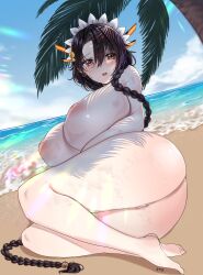 Rule 34 | 1girl, absurdres, areola slip, ass, asymmetrical bangs, barefoot, beach, black hair, black wyrm (last origin), blush, braid, breasts, censored, completely nude, curvy, embarrassed, flower, frilled hairband, frills, from behind, full body, hair between eyes, hair flower, hair ornament, hairband, highres, huge breasts, inverted nipples, last origin, long hair, looking at viewer, lying, maid headdress, mosaic censoring, nipples, nude, ocean, on side, open mouth, outdoors, palm tree, pussy, pussy juice, raised eyebrows, red eyes, sidelocks, signature, sky, solo, swimsuit, thick thighs, thighs, tongtangtong, tree, underboob, very long hair, water