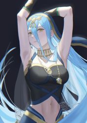 Rule 34 | 1girl, armpits, arms up, azura (fire emblem), blue hair, breasts, dress, e5nf8v, fire emblem, fire emblem fates, fire emblem heroes, gloves, hair between eyes, hairband, highres, jewelry, long hair, looking at viewer, midriff, navel, nintendo, official alternate costume, solo, teeth, very long hair, yellow eyes