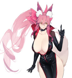 Rule 34 | 1girl, absurdres, animal ear fluff, animal ears, black bodysuit, bodysuit, bow, breasts, center opening, choker, cleavage, collarbone, fate/grand order, fate (series), fox ears, fox girl, fox tail, gebijiade 89, glasses, hair between eyes, hair bow, highres, hip vent, index finger raised, koyanskaya (assassin) (first ascension) (fate), koyanskaya (fate), large breasts, long hair, looking at viewer, pink bow, pink hair, ponytail, sidelocks, smile, solo, tail, tamamo (fate), thighs, yellow eyes
