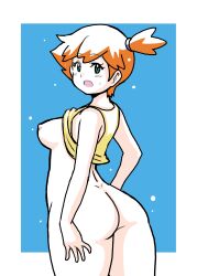 Rule 34 | 1girl, absurdres, arm behind back, ass, back, bare arms, bare shoulders, blush, breasts, creatures (company), female focus, game freak, gym leader, hair tie, highres, huge ass, koutarosu, legs, medium breasts, misty (pokemon), nintendo, nipples, nude, open mouth, orange hair, pokemon, pokemon (anime), pokemon (classic anime), ponytail, shirt, simple background, sleeveless, solo, tank top, thick thighs, thighs, white background, yellow shirt, yellow tank top