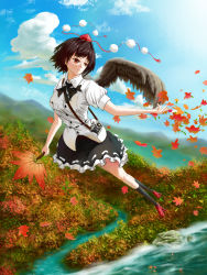 Rule 34 | 1girl, autumn leaves, black neckerchief, black skirt, black socks, black wings, blue sky, breasts, brown hair, camera, camera around neck, collared shirt, dress shirt, fasnakegod, feathered wings, foreshortening, frilled skirt, frills, geta, hat, hauchiwa, highres, holding, medium breasts, mountainous horizon, neckerchief, outdoors, outstretched arm, outstretched hand, pen in pocket, pom pom (clothes), print shirt, puffy short sleeves, puffy sleeves, red eyes, red footwear, red hat, ribbon-trimmed skirt, ribbon trim, shameimaru aya, shirt, short sleeves, skirt, sky, socks, solo, tassel, tengu-geta, tokin hat, touhou, white shirt, wings