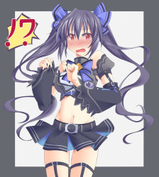 Rule 34 | !?, 10s, 1girl, bare shoulders, belt, belt buckle, black hair, blush, bow, breasts, buckle, embarrassed, female focus, hair bow, hair ornament, kami jigen game neptune v, long hair, midriff, minagi, navel, neptune (series), no nose, noire (neptunia), open mouth, red eyes, skirt, small breasts, solo, tears, twintails, uranaishi (miraura), very long hair