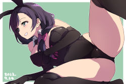 Rule 34 | 1girl, bare shoulders, black gloves, black leotard, black thighhighs, bow, breasts, cleavage, clenched teeth, dated, detached collar, duke (inu daimyou), elbow gloves, gloves, green background, green eyes, hair bow, large breasts, leotard, long hair, looking to the side, love live!, love live! school idol project, pink bow, playboy bunny, purple hair, simple background, smile, solo, teeth, thighhighs, thighs, tojo nozomi