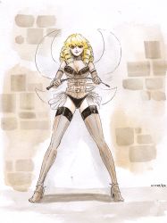Rule 34 | 1girl, alternate costume, bare shoulders, belt, black bra, black panties, blonde hair, boots, bow, bra, bra strap, breasts, brick wall, choker, cleavage, commentary, corset, dated, dominatrix, drill hair, elbow gloves, english commentary, fairy, fairy wings, full body, gloves, looking at viewer, luna child, medium breasts, medium hair, multiple belts, aged up, panties, red eyes, riding crop, rumiak, showgirl skirt, skirt, smirk, smug, solo, standing, thigh boots, thighhighs, thighs, touhou, traditional media, underwear, wings