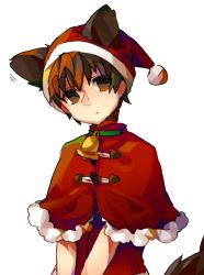 Rule 34 | 1boy, aged down, animal ears, bad id, bad pixiv id, bell, brown eyes, brown hair, capelet, child, christmas, fate/zero, fate (series), hat, itokin0, kotomine kirei, male focus, santa costume, santa hat, solo, tail, wolf ears, wolf tail