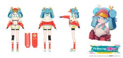 1girl absurdres black_shorts blue_eyes blue_hair closed_mouth collarbone commentary_request double_bun fitness_boxing fitness_boxing_feat._hatsune_miku:_isshoni_exercise hair_between_eyes hair_bun hatsune_miku headset highres jacket long_hair looking_at_viewer midriff mishio_(misio_40) multiple_views navel outstretched_arm partial_commentary red_jacket red_socks reference_sheet shirt shoes shorts simple_background sneakers socks solo transparent_background turnaround twintails upper_body visor_cap vocaloid white_shirt white_shoes