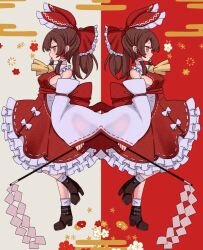 Rule 34 | 2girls, ascot, back-to-back, back bow, bow, breasts, brown footwear, brown hair, commentary request, detached sleeves, dress, dual persona, egasumi, flower (symbol), frown, full body, gohei, hair bow, hair tubes, hakurei reimu, high heels, highres, holding, holding gohei, long sleeves, medium breasts, mesuosushi, multiple girls, ponytail, profile, red background, red bow, red dress, reflection, serious, short hair, sideboob, touhou, two-tone background, white sleeves, wide sleeves, yellow ascot, yellow background, yellow eyes