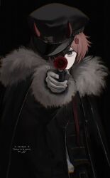 Rule 34 | 1boy, black background, black coat, black hat, brown eyes, brown hair, chromatic aberration, coat, commentary, commission, covered mouth, dark, english commentary, flower, flower in gun, fur-trimmed coat, fur-trimmed sleeves, fur trim, gloves, grey gloves, gun, hair between eyes, hair over one eye, handgun, hat, holding, holding gun, holding weapon, horns, horns through headwear, jpeg artifacts, long sleeves, looking at viewer, male focus, military hat, one eye covered, orange horns, original, outstretched arm, pointing, pointing at viewer, red flower, red rose, rose, serious, short hair, skeb commission, solo, standing, thank you, upper body, weapon, youichi (45 01)