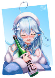 Rule 34 | 1girl, absurdres, ahoge, beret, blue bow, blue bowtie, blue coat, blue hair, blush, border, bottle, bow, bowtie, braid, breasts, cleavage cutout, closed eyes, clothing cutout, coat, commentary request, elf, english text, flower, full-face blush, fur trim, hair between eyes, hair flower, hair ornament, half updo, hat, highres, holding, holding bottle, hololive, large breasts, long hair, multicolored hair, nemu iine, off shoulder, open mouth, pointy ears, sake bottle, shirt, sleeping, snowflake hair ornament, snowflake print, solo, streaked hair, translation request, upper body, virtual youtuber, white border, white hat, white shirt, yukihana lamy