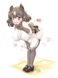 Rule 34 | 1girl, animal ears, apron, bare shoulders, bear ears, bear girl, bear tail, bent over, black hair, black panties, blush, breasts, brown bear (kemono friends), brown eyes, colored inner hair, covered erect nipples, embarrassed, extra ears, frilled apron, frills, full body, furrowed brow, gloves, hair between eyes, hand up, heart, highres, kemono friends, large breasts, looking at viewer, mikan toshi, multicolored hair, no pants, open mouth, panties, raised eyebrow, shoes, sidelocks, skindentation, sleeveless, solo, standing, sweat, tail, thighhighs, two-tone hair, underwear, white apron, white hair