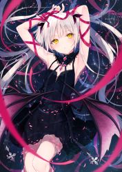 Rule 34 | 1girl, :o, armpits, arms up, bare arms, bare shoulders, black dress, blush, commentary request, dress, head tilt, highres, long hair, looking at viewer, low wings, original, parted lips, partially submerged, petals, red ribbon, red wings, ribbon, rurudo, sleeveless, sleeveless dress, solo, twintails, twitter username, very long hair, water, white hair, wings, yellow eyes