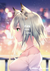 Rule 34 | 1girl, absurdres, animal ear fluff, animal ears, arknights, blurry, blurry background, cat ears, character name, collarbone, depth of field, english text, from side, glint, green eyes, hair ornament, hairclip, highres, huge filesize, jewelry, kal&#039;tsit (arknights), necklace, off-shoulder shirt, off shoulder, open mouth, outdoors, parted lips, profile, railing, sannio, shirt, short hair, silver hair, solo, upper body, white shirt