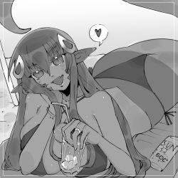 Rule 34 | 1girl, :d, beach towel, bikini, breasts, condensation, cup, drinking glass, drinking straw, fang, greyscale, hair between eyes, hair ornament, heart, highres, ice, jewelry, lamia, large breasts, long hair, lotion, lying, miia (monster musume), monochrome, monster girl, monster musume no iru nichijou, on stomach, open mouth, pointy ears, ring, sand, side-tie bikini bottom, slit pupils, smile, solo, sucaciic, sunscreen, swimsuit, thought bubble, towel