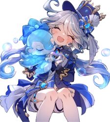Rule 34 | ^ ^, blue bow, blue hair, blue hat, blue jacket, blush, bow, bubbly seahorse (genshin impact), closed eyes, coat, facing viewer, furina (genshin impact), genshin impact, gloves, hat, highres, hozumi rino, jacket, kodona, lolita fashion, long hair, long sleeves, multicolored hair, open clothes, open coat, open mouth, short shorts, shorts, sleeve cuffs, smile, thigh strap, top hat, vision (genshin impact), white background, white gloves, white hair