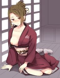 Rule 34 | 1girl, aquaplus, blush, breasts, breasts out, brown hair, closed mouth, collarbone, feet, female focus, full body, hair ornament, hair up, indoors, japanese clothes, kimono, lips, long sleeves, looking at viewer, medium breasts, moff child, mole, mole under eye, nipples, one breast out, pointy ears, red eyes, single sidelock, sitting, smile, solo, sweat, thighs, torikori (utawarerumono), utawarerumono, utawarerumono: futari no hakuoro