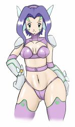 Rule 34 | 1girl, arms behind back, belt, bikini, bra, breasts, butterfly wings gauntlets, cleavage, digimon, digimon frontier, facial mark, fairimon, fairy, fairy wings, gauntlets, green eyes, hair ornament, hand on own hip, highleg, highleg panties, highres, medium breasts, navel, panties, purple bra, purple hair, purple panties, revealing clothes, short hair, shoulder pads, solo, swimsuit, thighhighs, thong, underwear, wide hips, wings