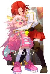 Rule 34 | 2girls, blue eyes, blush, boudica (fate), breasts, closed eyes, dragon girl, dragon horns, dragon tail, echo (circa), elizabeth bathory (fate), fate/grand order, fate (series), headpat, height difference, horns, hug, juliet sleeves, large breasts, long sleeves, looking at another, multiple girls, pink hair, puffy sleeves, red hair, short ponytail, shrug (clothing), smile, tail, thigh strap, water margin