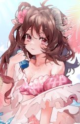 Rule 34 | 1girl, antenna hair, arknights, bikini, blue background, blush, bottomless, breasts, brown hair, charo (morphodrake), cleavage, commentary, eyjafjalla (arknights), eyjafjalla (summer flower) (arknights), groin, highres, holding, horns, long hair, looking at viewer, medium breasts, navel, off-shoulder bikini, off shoulder, official alternate costume, palm leaf, pink bikini, pink eyes, pink hair, sarong, sheep girl, sheep horns, smile, solo, swimsuit, swimsuit cover-up, upper body, white sarong