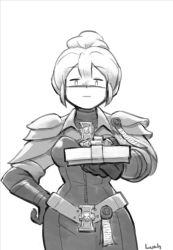 Rule 34 | 1girl, armor, belt, box, chocolate, expressionless, frown, gift, gift box, giving, gloves, greyscale, hair bun, inquisition (warhammer), lutherniel, mediaum breats, monochrome, power armor, purity seals, single hair bun, valentine, warhammer 40k