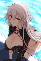 Rule 34 | 10eki (tenchou), 1girl, ahoge, bikini, black bikini, black choker, black gloves, black jacket, choker, commentary request, cropped jacket, fate/grand order, fate (series), from above, gloves, highres, jacket, jeanne d&#039;arc alter (swimsuit berserker) (fate), jeanne d&#039;arc (fate), jeanne d&#039;arc alter (fate), jeanne d&#039;arc alter (swimsuit berserker) (fate), leaning forward, long hair, looking at viewer, o-ring, o-ring bikini, o-ring bottom, o-ring top, pool, poolside, shrug (clothing), silver hair, solo, swimsuit, very long hair, wading, water, yellow eyes