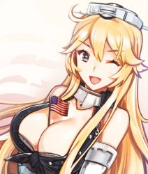Rule 34 | 10s, 1girl, american flag, bare shoulders, between breasts, blonde hair, blue eyes, breasts, cleavage, elbow gloves, gloves, iowa (kancolle), kantai collection, large breasts, long hair, looking at viewer, mini flag, one eye closed, open mouth, smile, solo, star-shaped pupils, star (symbol), symbol-shaped pupils, upper body, yurizuka (sergeant heart)