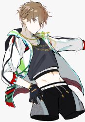 Rule 34 | 1boy, absurdres, black gloves, brown eyes, brown hair, chain, chain necklace, commentary, cowboy shot, drawstring, ensemble stars!, fingerless gloves, gloves, grey background, highres, jacket, jewelry, long sleeves, looking at viewer, male focus, midriff, morisawa chiaki, navel, necklace, official alternate costume, open clothes, open jacket, short hair, simple background, solo, yorei echo