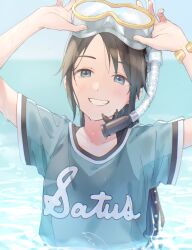 Rule 34 | 1girl, aqua skirt, bikini, bikini under clothes, black hair, blue eyes, blurry, blurry background, breasts, collarbone, dot nose, dripping, goggles, goggles on head, grin, hand on goggles, highres, idolmaster, idolmaster shiny colors, in water, long hair, looking at viewer, mitsumine yuika, ocean, pachiko, see-through, see-through shirt, shirt, skirt, small breasts, smile, snorkel, solo, swimsuit, t-shirt, upper body, very long hair