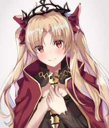 Rule 34 | 1girl, black headwear, blonde hair, blush, cape, commentary request, ereshkigal (fate), fate/grand order, fate (series), grey background, hair ribbon, head tilt, highres, kaedemaru, long hair, looking at viewer, own hands together, parted bangs, red cape, red eyes, red ribbon, ribbon, skull, smile, solo, spine, tiara