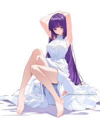 Rule 34 | armpits, arms behind head, arms up, barefoot, commentary, dress, english commentary, feet, fern (sousou no frieren), full body, half-closed eyes, legs, long hair, patreon logo, patreon username, purple eyes, purple hair, simple background, sitting, sleeveless, sleeveless dress, sousou no frieren, sydus, thighs, toes, watermark, web address, white background, white dress