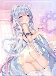 Rule 34 | 1girl, animal ear fluff, animal ears, ass, backless outfit, bedroom, blue eyes, blue hair, blush, breasts, cat ears, cat girl, cat tail, cleft of venus, commentary request, curtains, fang, feathered wings, garter belt, garter straps, hair ribbon, heart, heart-shaped pupils, heart tail, highres, horns, indie virtual youtuber, indoors, long hair, maid, ninico (vtuber), nipples, open mouth, paw pose, paw print, pink ribbon, pussy, pussy juice, ribbon, sannio, single horn, single wrist cuff, skindentation, small breasts, solo, stuffed animal, stuffed dog, stuffed toy, symbol-shaped pupils, tail, thighhighs, thighs, unicorn, very long hair, virtual youtuber, white thighhighs, window, winged unicorn, wings, wrist cuffs