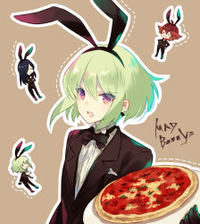 3boys animal_ears black_gloves black_jacket blonde_hair butler chibi formal_clothes gloves green_hair gueira half_gloves highres jacket lio_fotia looking_at_viewer male_focus margherita_pizza meis_(promare) multiple_boys pizza promare purple_eyes rabbit_ears red_hair short_hair simple_background smile suit suzumina_shiki